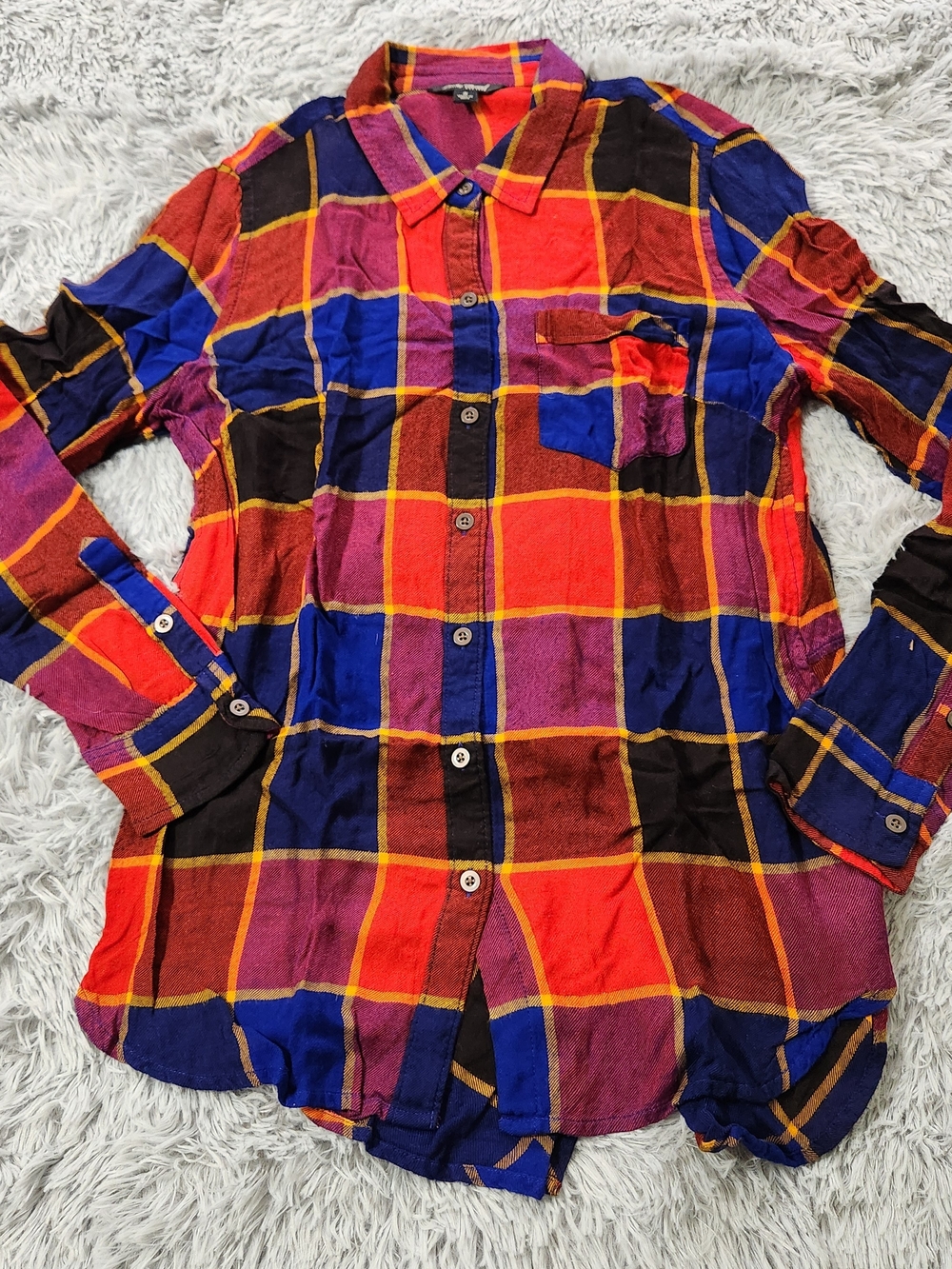 Lucky Brand Red and Royal Blue Plaid Button Down Long Sleeve Shirt